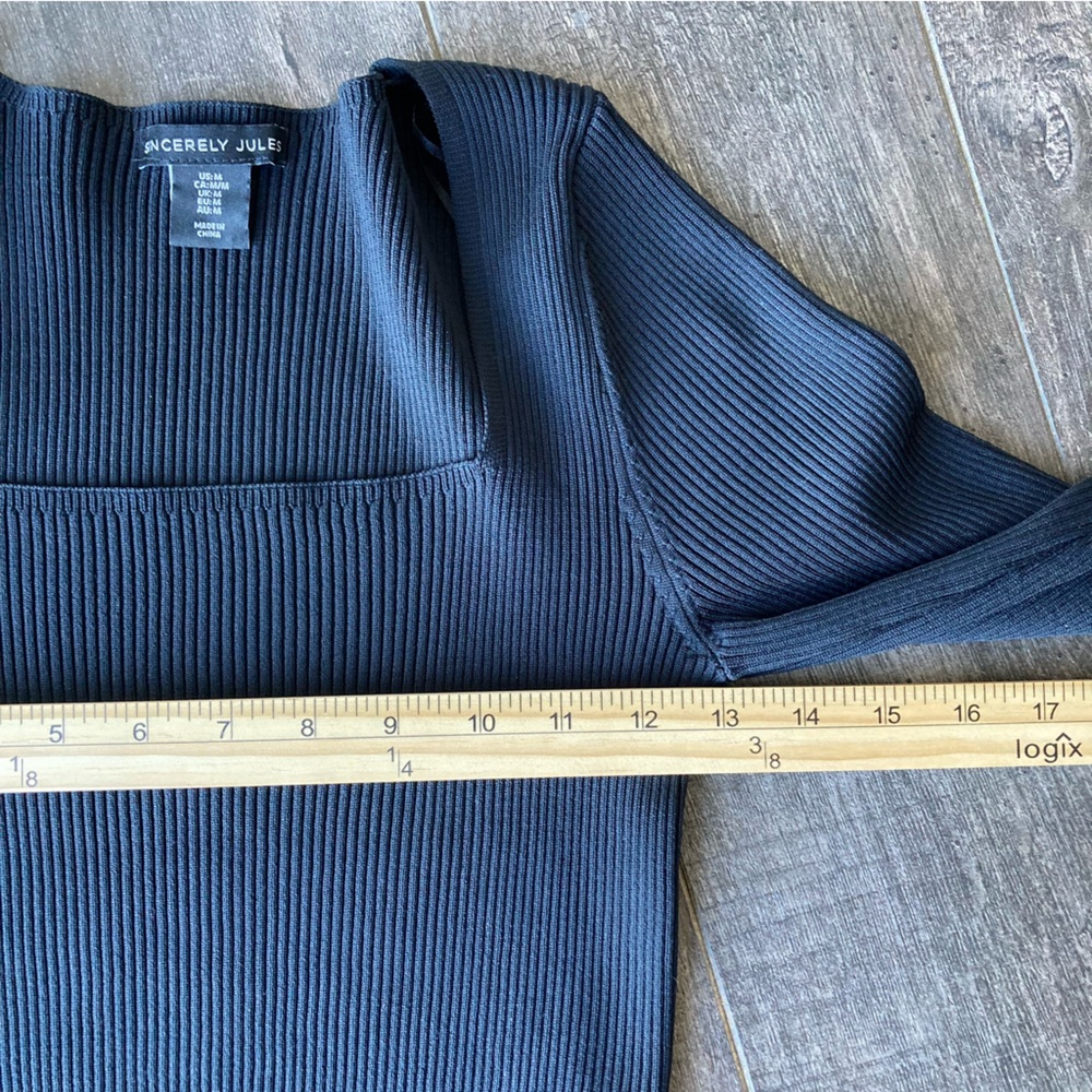 Sincerly Jules Black Ribbed Square-Neck Long Sleeve Shirt Top Women’s Medium - Picture 5 of 6